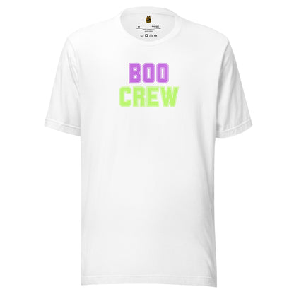 White unisex t-shirt with 'BOO CREW' text in lavender and green – Boozie Adams