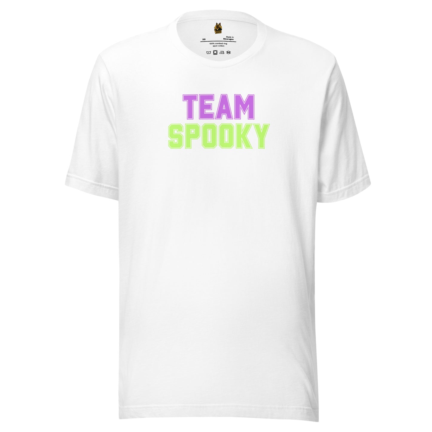 White unisex t-shirt with 'TEAM SPOOKY' text in lavender and green – Boozie Adams