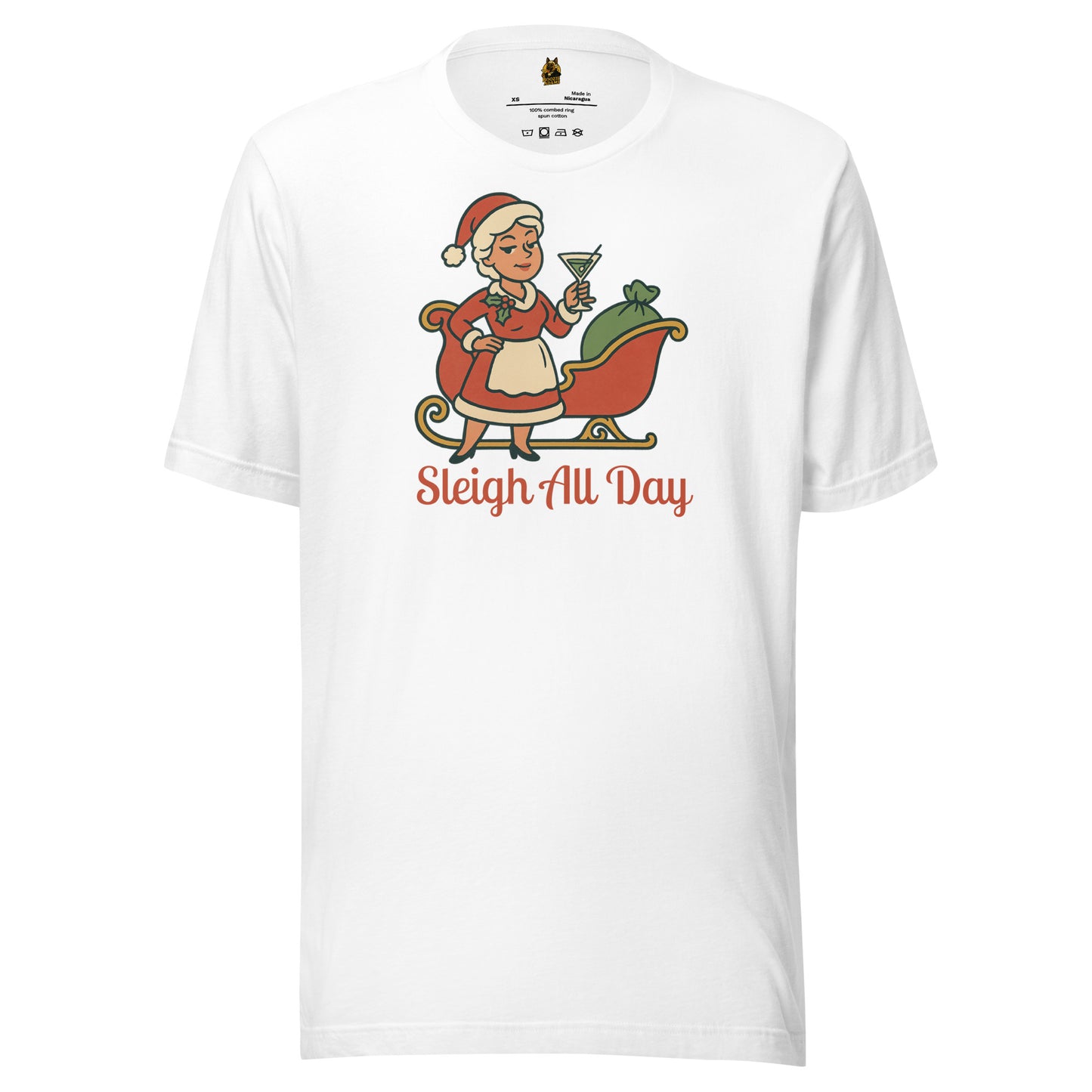 White unisex t-shirt with a graphic of a Mrs Claus in front of a sleigh, holding a martini glass, with text 'Sleigh All Day' in red – Boozie Adams