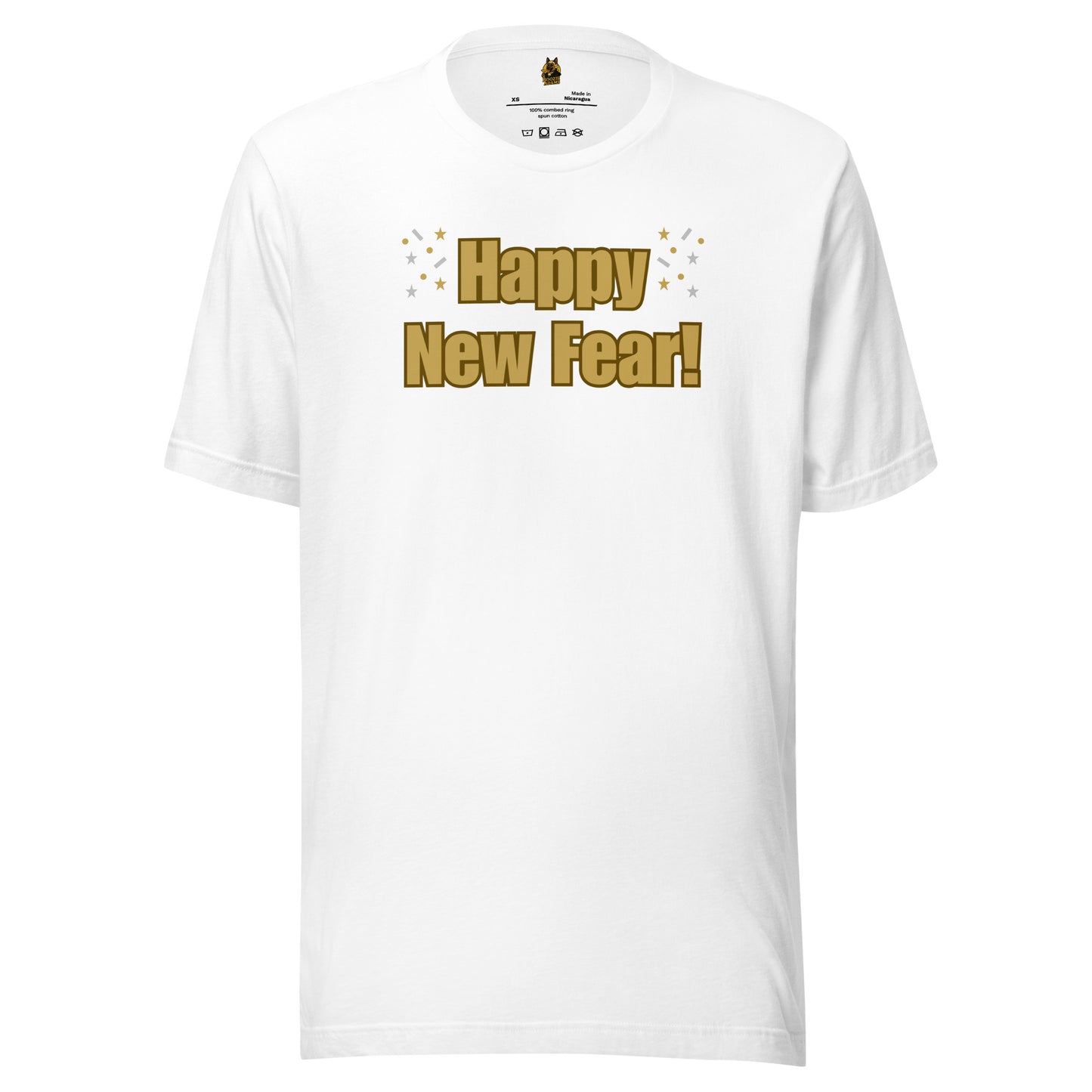 White unisex t-shirt with 'Happy New Fear!' text in gold – Boozie Adams