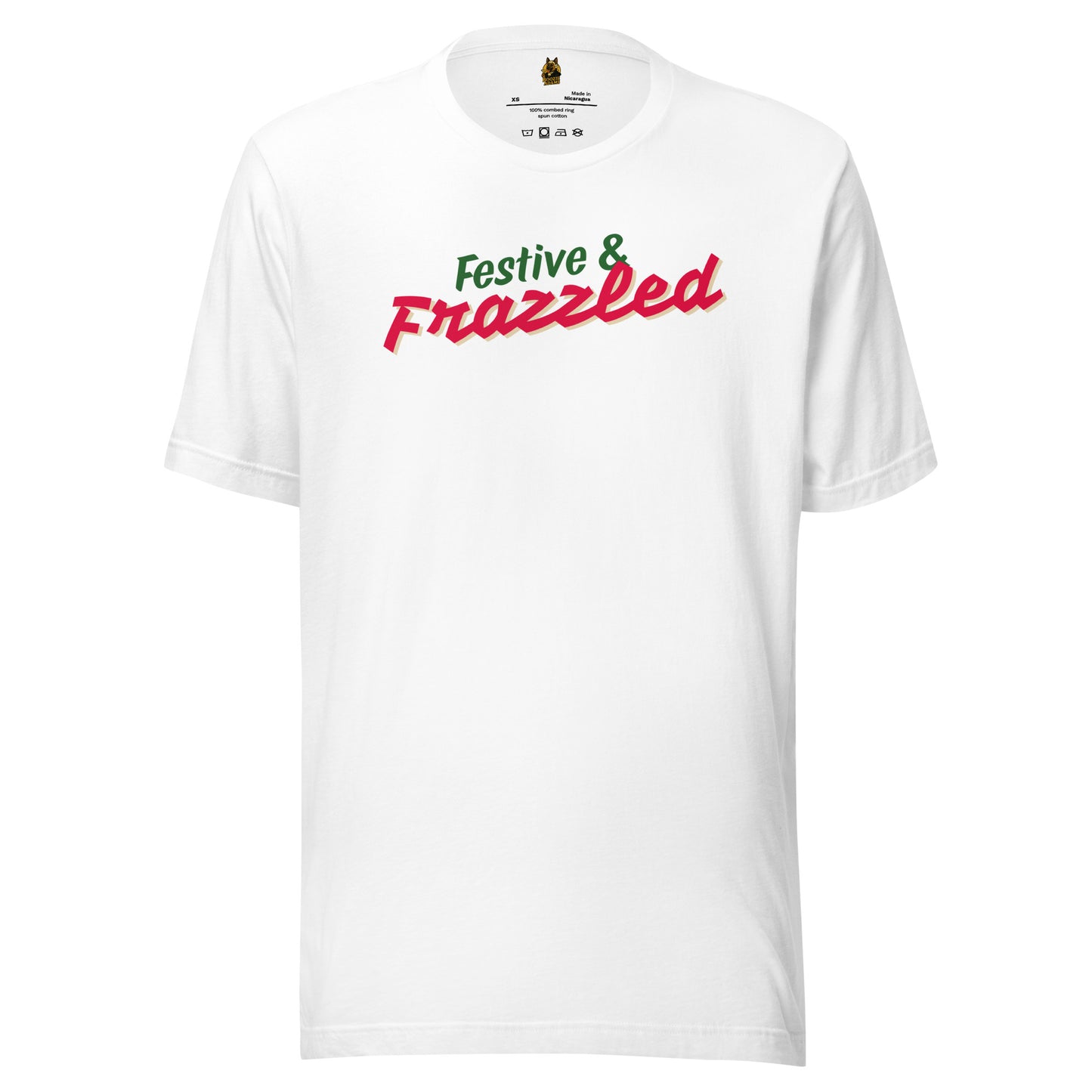 White unisex t-shirt with 'Festive & Frazzled' text in green and red – Boozie Adams