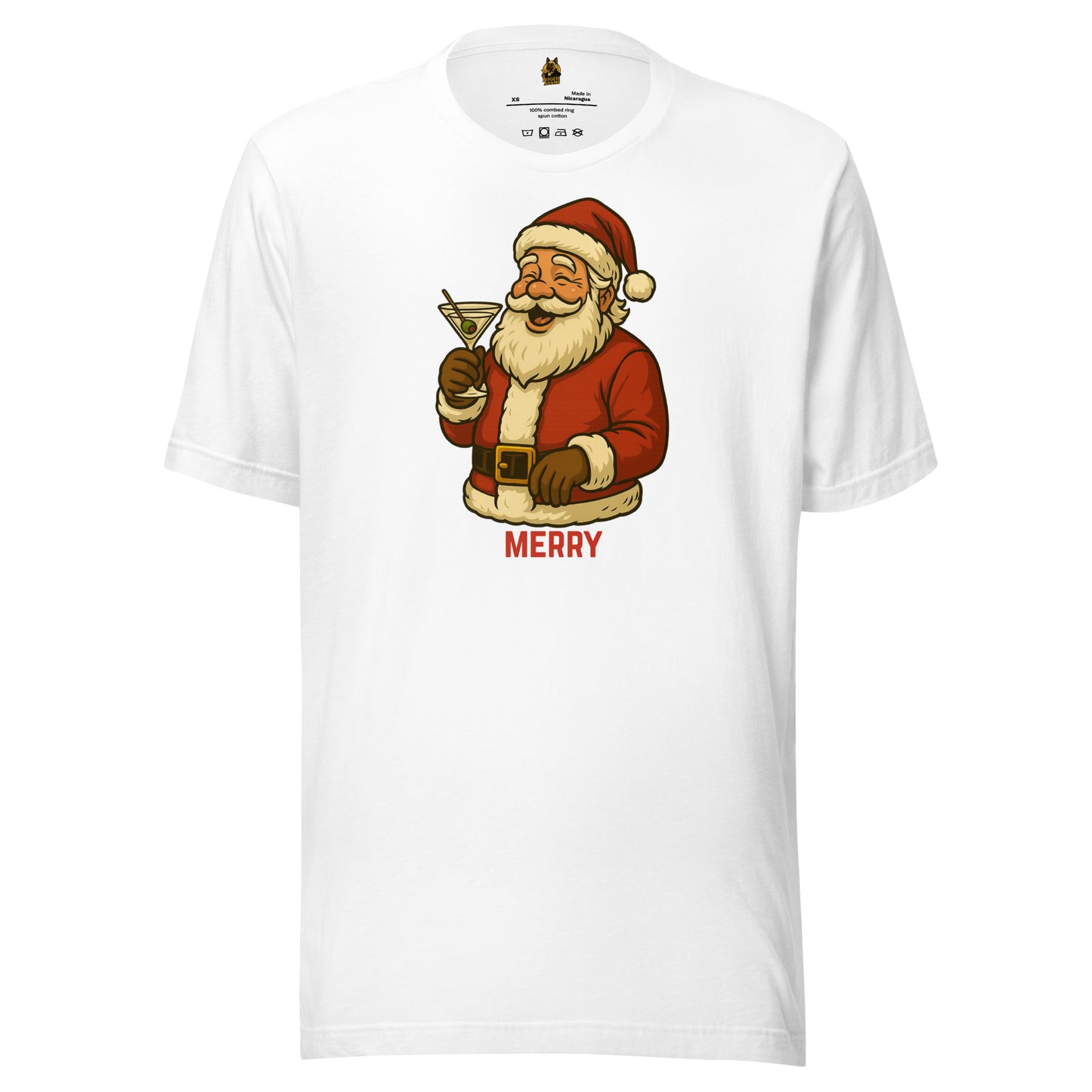 White unisex t-shirt with a graphic of Santa Claus holding a martini glass and the word 'MERRY' – Boozie Adams