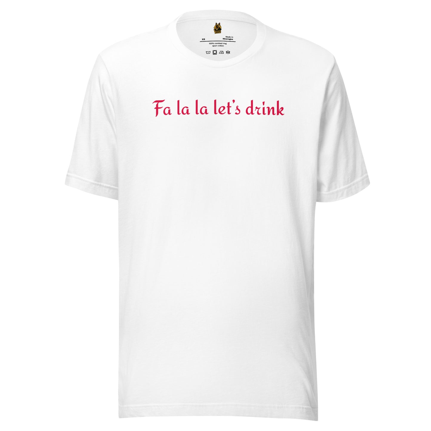White t-shirt with red text 'Fa la la let's drink' – Boozie Adams
