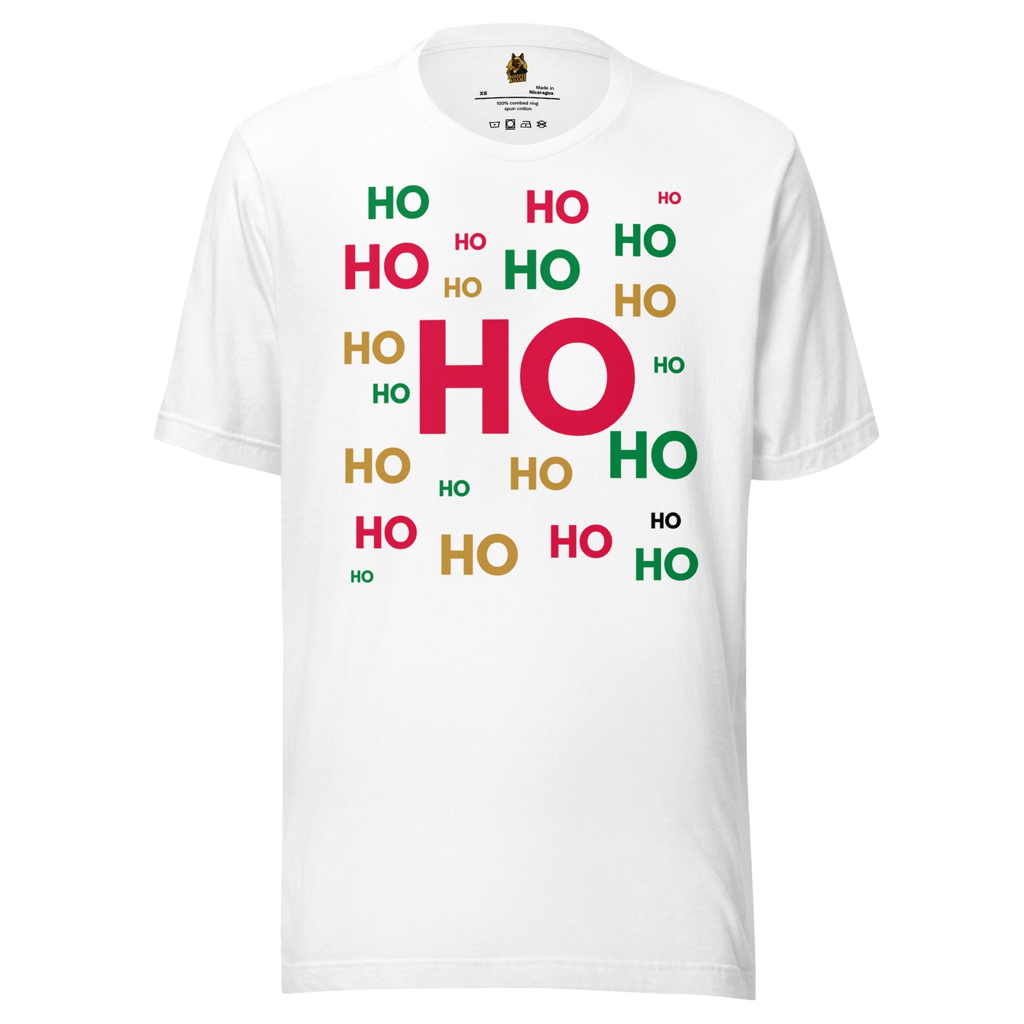 White t-shirt with 'HO HO HO' text in various colors – Boozie Adams