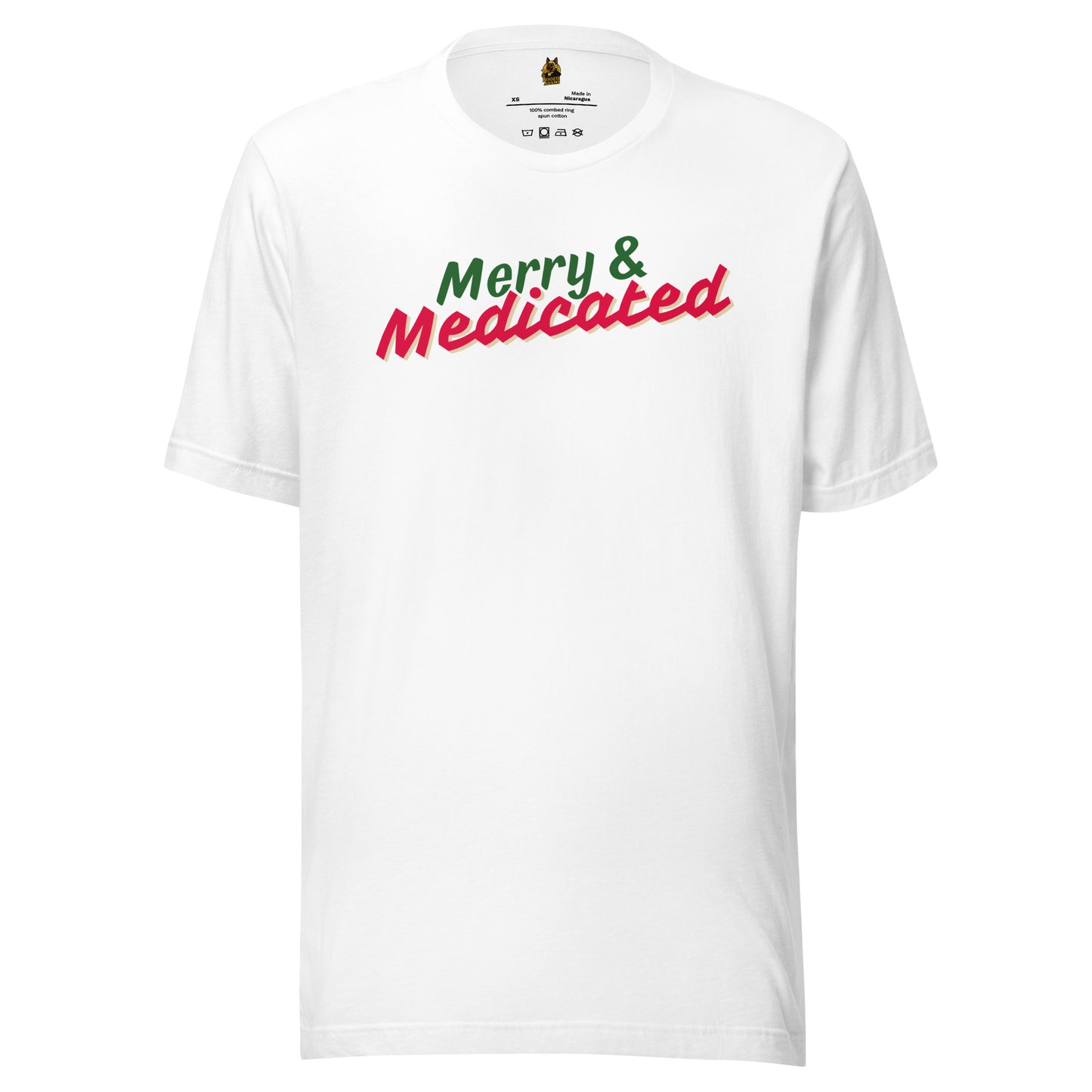 White unisex t-shirt with 'Merry & Medicated' text in green and red – Boozie Adams