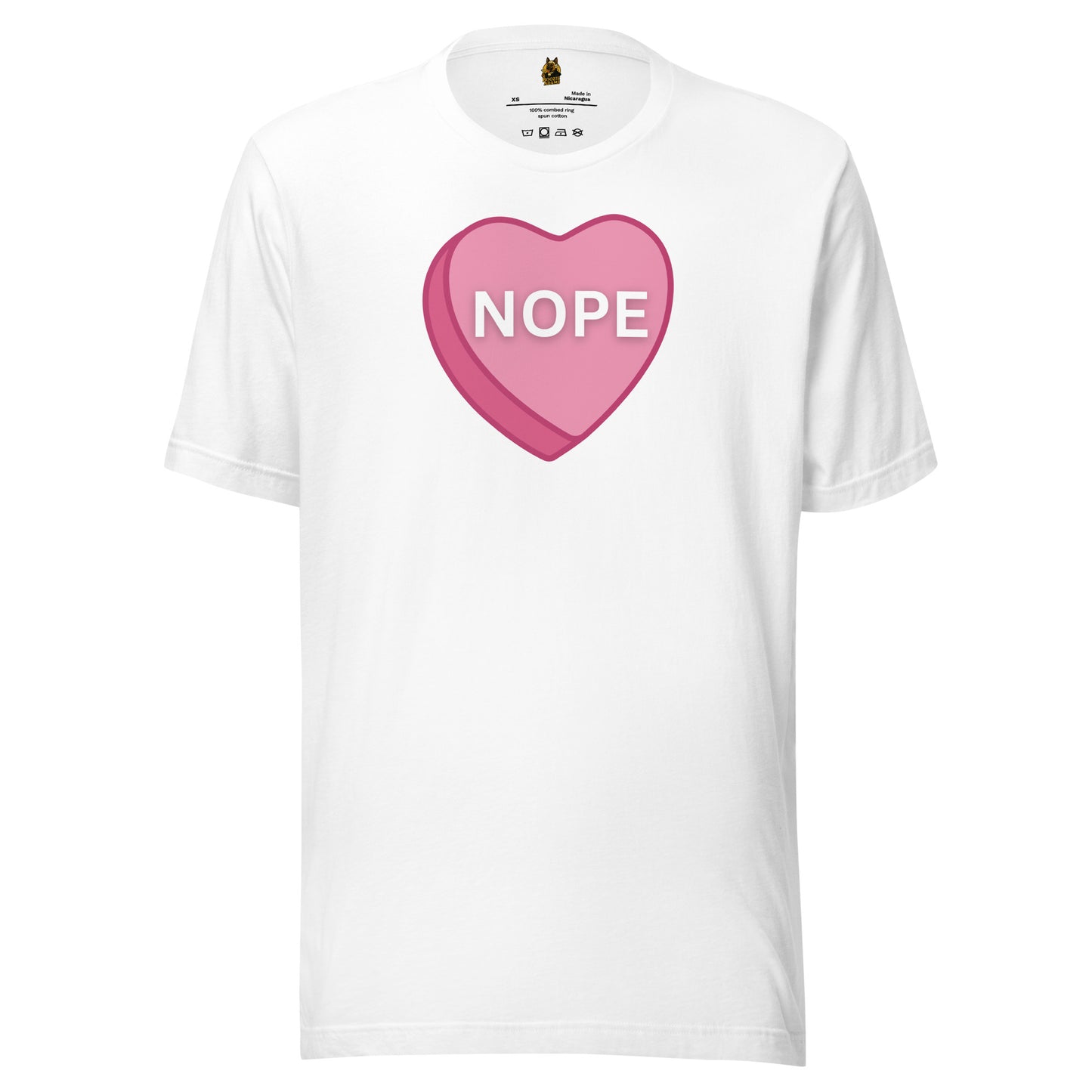 White unisex t-shirt with a pink heart and 'NOPE' text – Boozie Adams