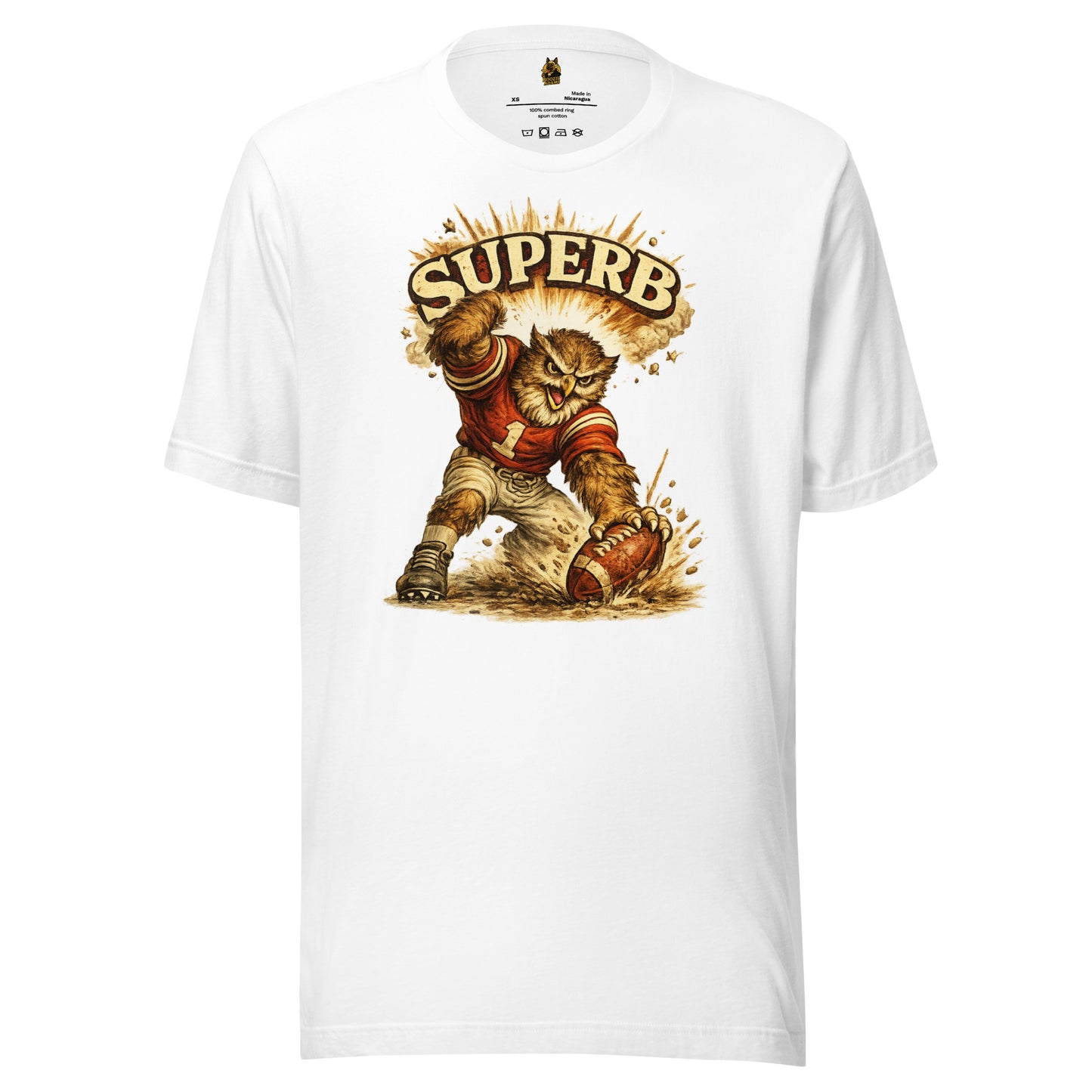 White unisex t-shirt with a graphic of an owl football player and 'Superb' text – Boozie Adams