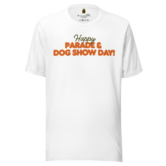 Vintage white unisex t-shirt with 'Happy Parade & Dog Show Day!' green & orange text – Boozie Adams