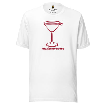 White unisex t-shirt with red martini graphic and 'cranberry sauce' text – Boozie Adams
