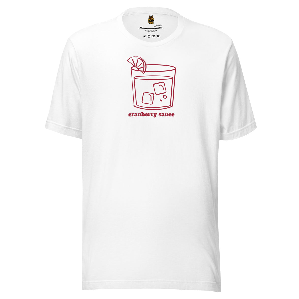 White unisex t-shirt with graphic of cocktail glass and text 'cranberry sauce' – Boozie Adams