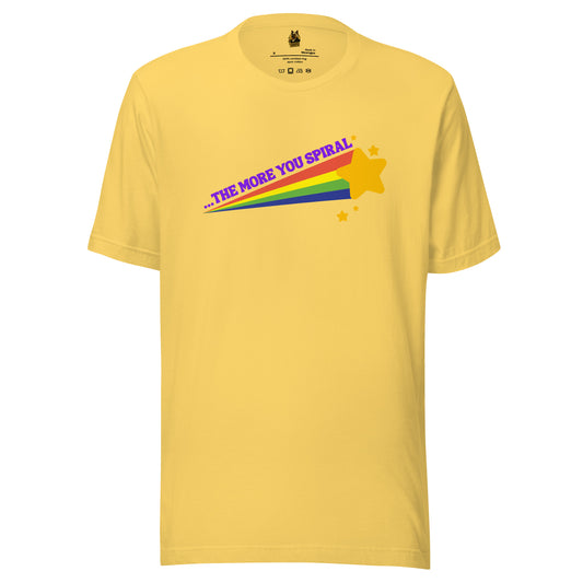 Yellow unisex t-shirt with a shooting star rainbow and 'the more you spiral' text – Boozie Adams