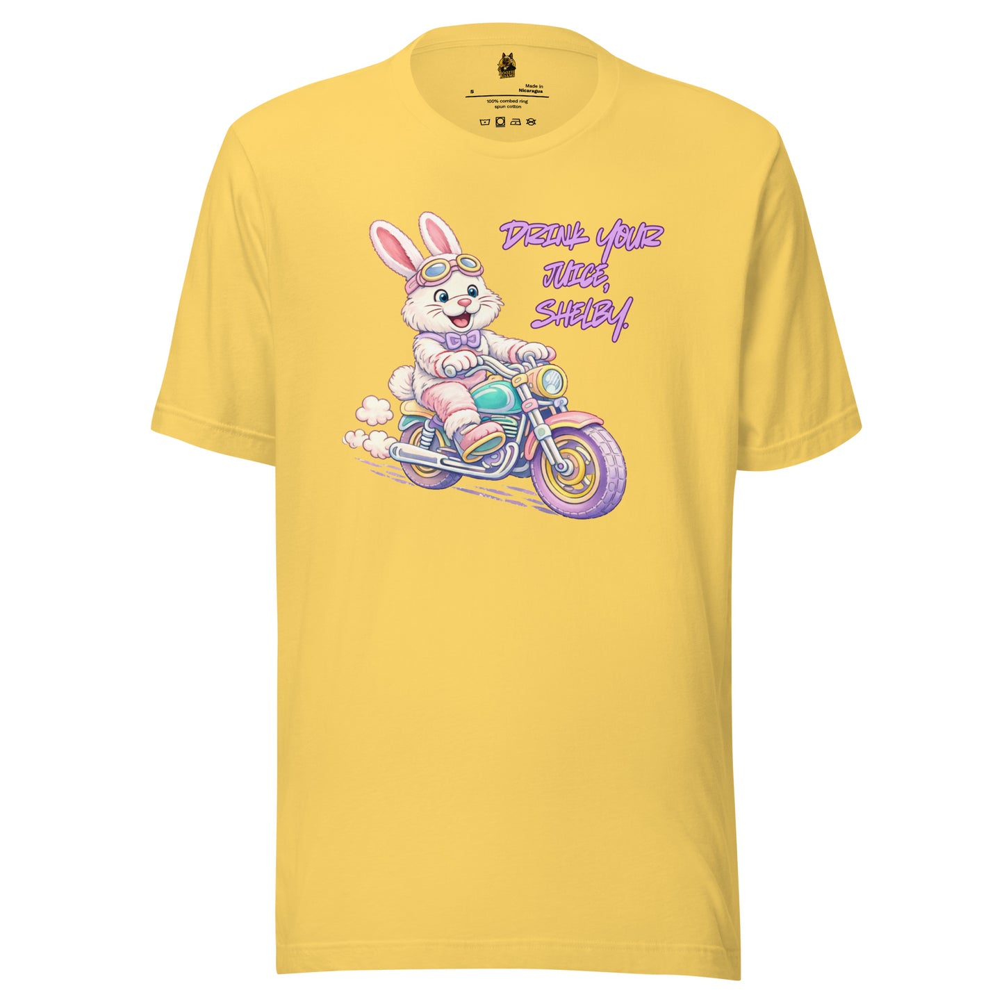 Yellow unisex t-shirt with a cartoon bunny on a motorcycle and text 'Drink Your Title Shelby' – Boozie Adams