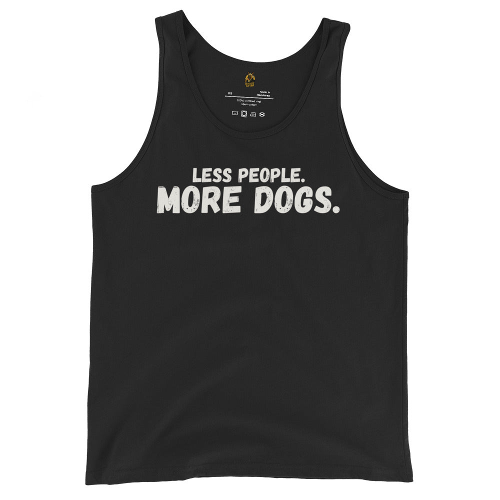 Black unisex tank top with text 'LESS PEOPLE. MORE DOGS.' – Boozie Adams