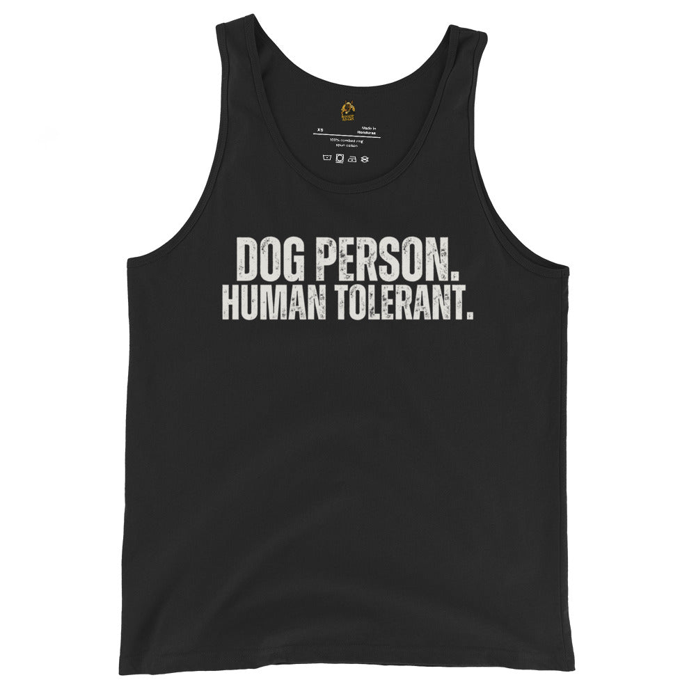 Black unisex tank top with the text 'DOG PERSON, HUMAN TOLERANT.' – Boozie Adams