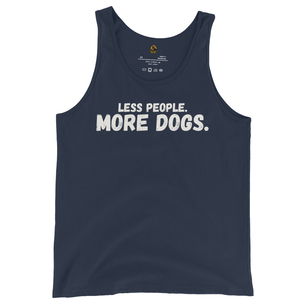 Navy blue unisex tank top with text 'LESS PEOPLE. MORE DOGS.' – Boozie Adams