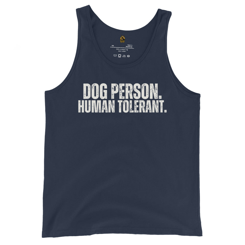 Navy unisex tank top with the text 'DOG PERSON, HUMAN TOLERANT.' – Boozie Adams
