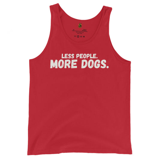 Red unisex tank top with text 'LESS PEOPLE. MORE DOGS.' – Boozie Adams