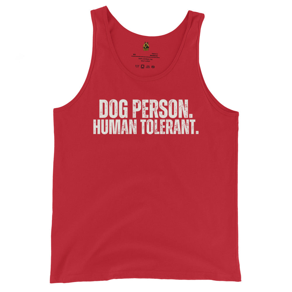 Red unisex tank top with the text 'DOG PERSON, HUMAN TOLERANT.' – Boozie Adams