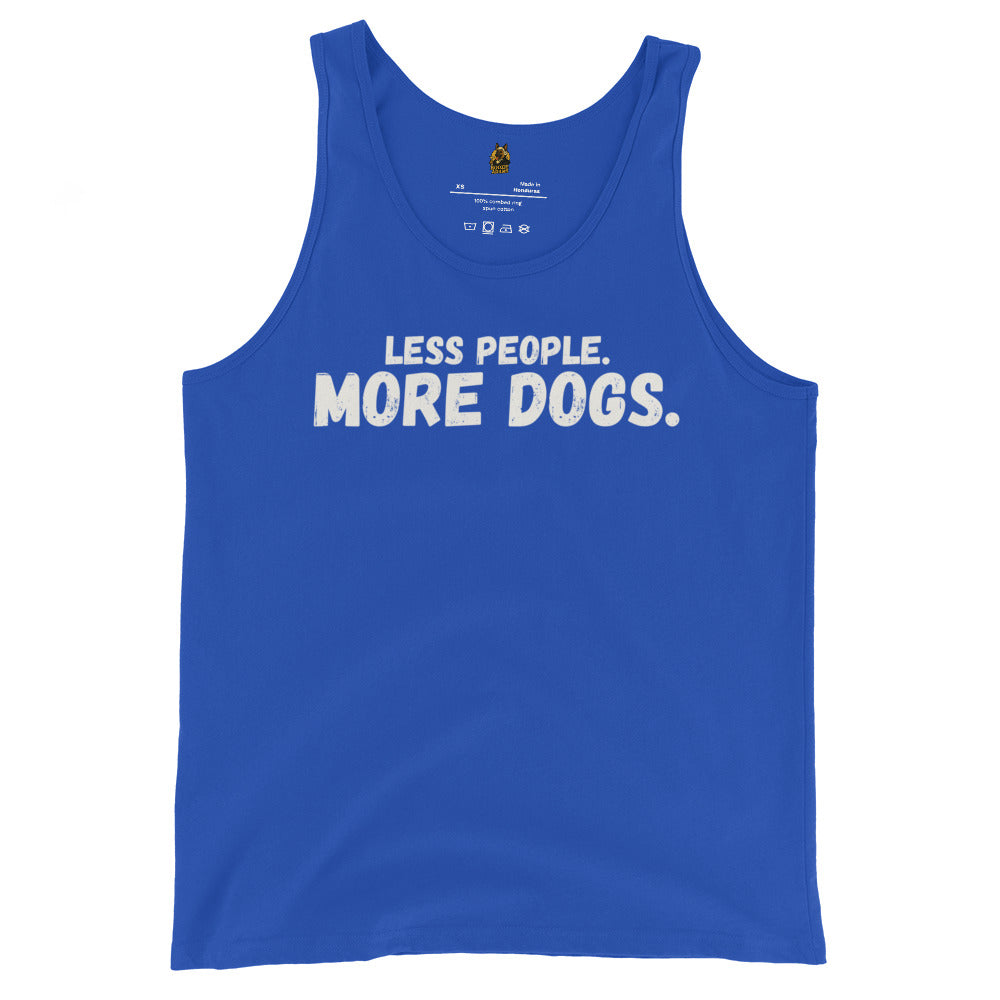 Blue unisex tank top with text 'LESS PEOPLE. MORE DOGS.' – Boozie Adams