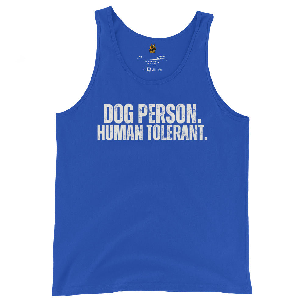Blue unisex tank top with the text 'DOG PERSON, HUMAN TOLERANT.' – Boozie Adams